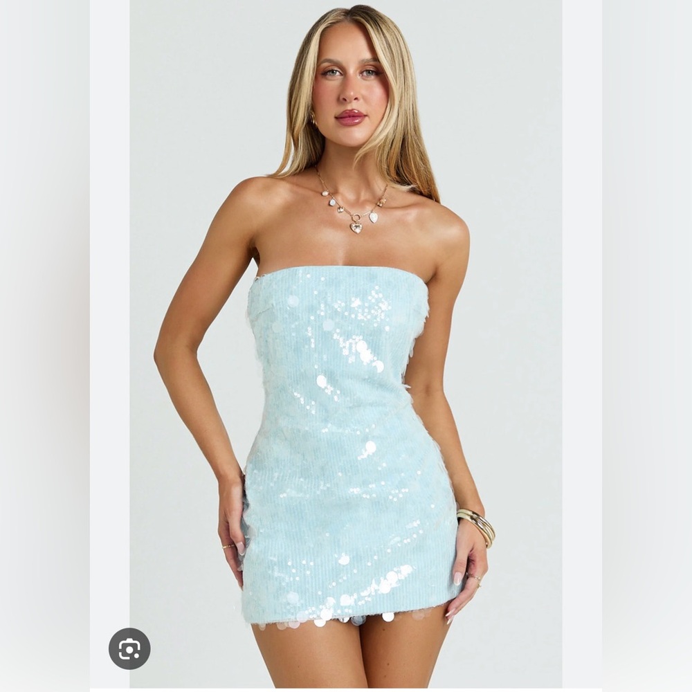 Showpo Strapless Sequin Mini Dress in Light Blue